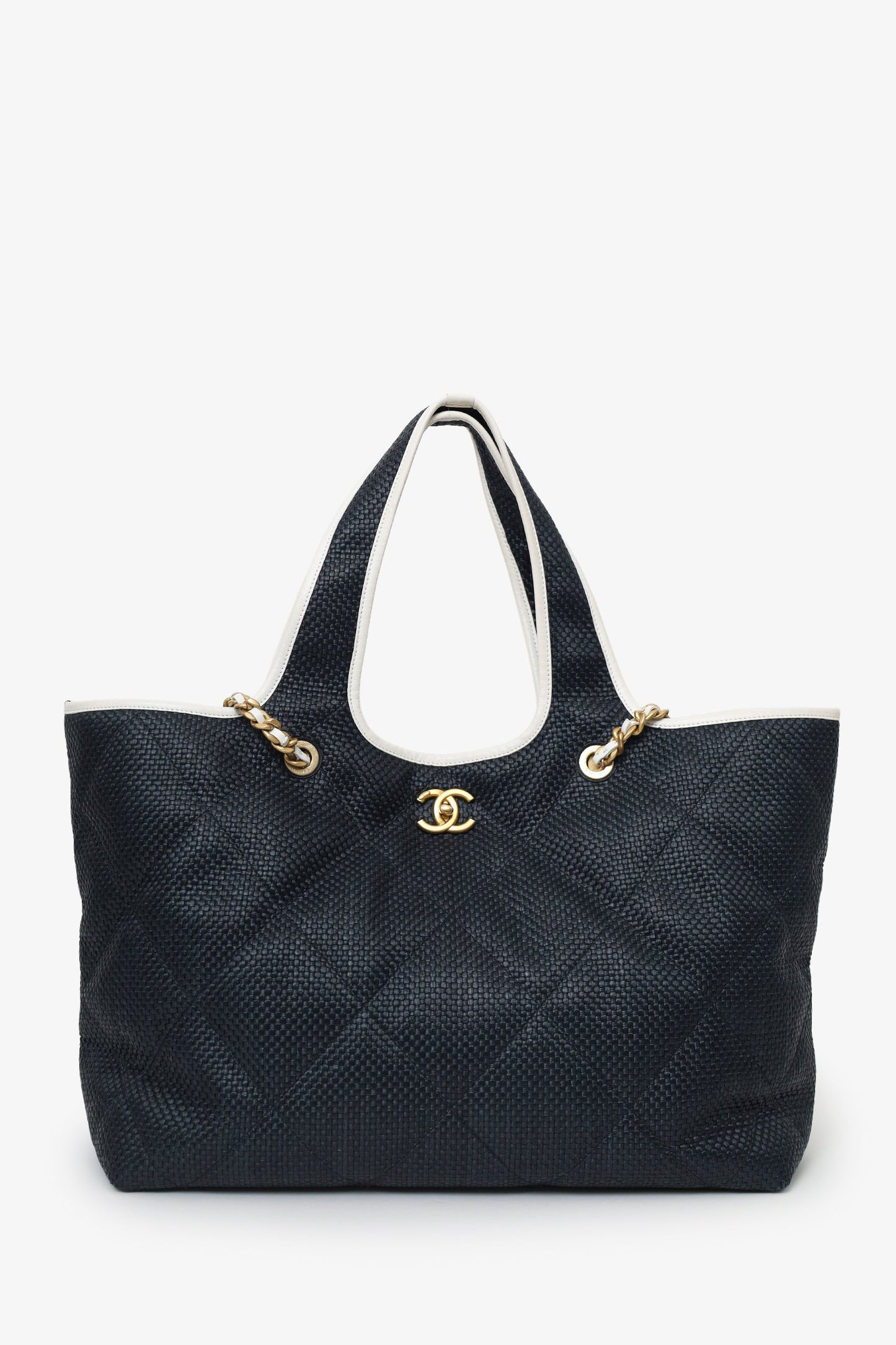 Chanel™ 2023 Navy Raffia Calfskin Coco Maxi Beach Shopping Tote With Pouch