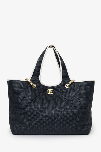 Chanel™ 2023 Navy Raffia Calfskin Coco Maxi Beach Shopping Tote With Pouch