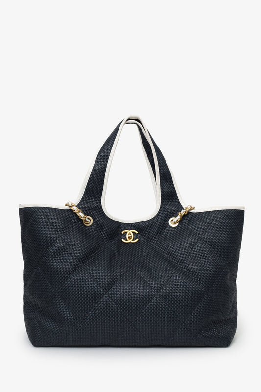 Chanel™ 2023 Navy Raffia Calfskin Coco Maxi Beach Shopping Tote With Pouch