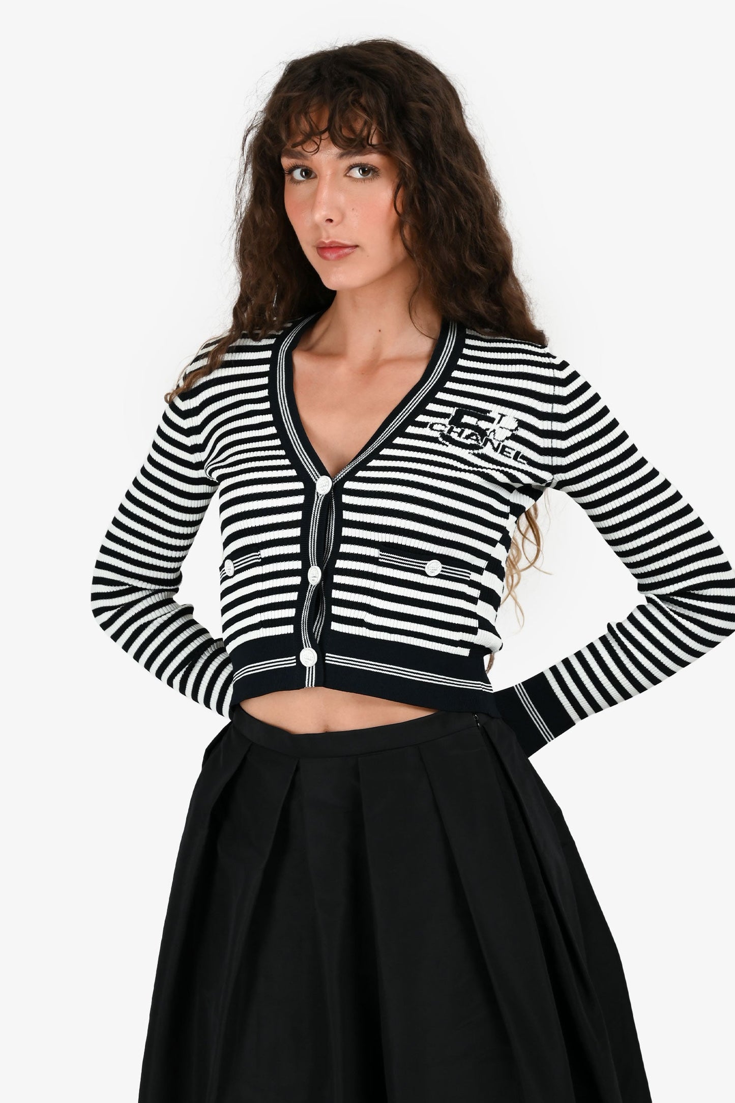 Chanel™ Cruise 2023 Navy Blue/White Striped Knit Cardigan Size 36
