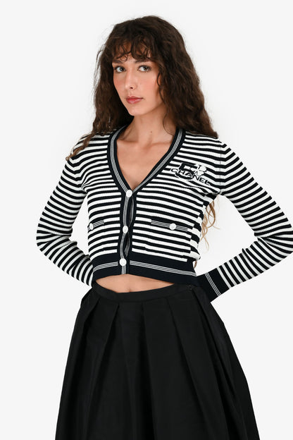 Chanel™ Cruise 2023 Navy Blue/White Striped Knit Cardigan Size 36