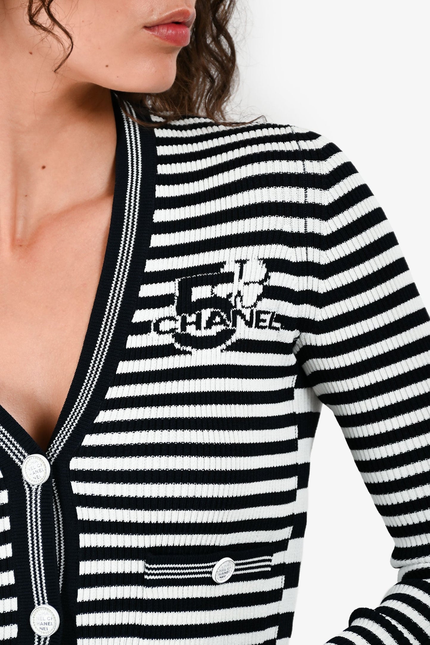 Chanel™ Cruise 2023 Navy Blue/White Striped Knit Cardigan Size 36