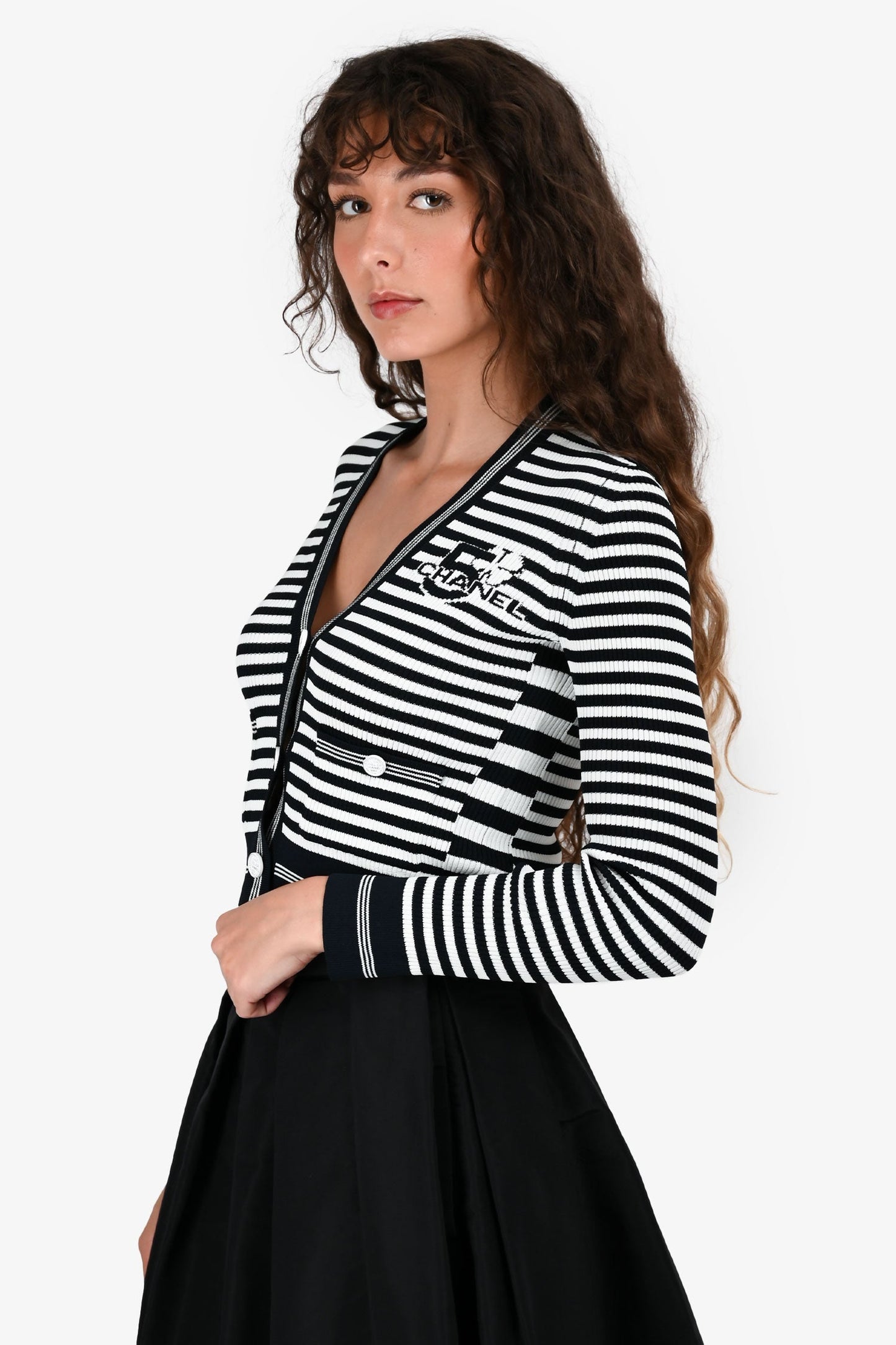 Chanel™ Cruise 2023 Navy Blue/White Striped Knit Cardigan Size 36