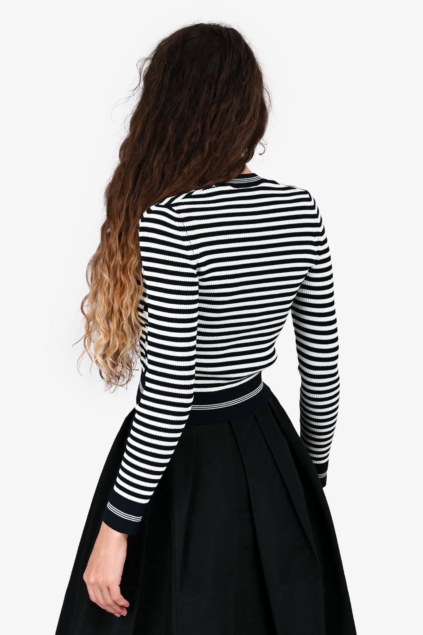 Chanel™ Cruise 2023 Navy Blue/White Striped Knit Cardigan Size 36