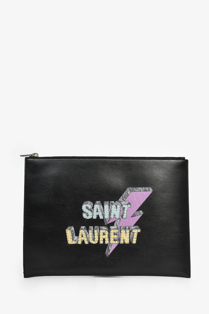 Saint Laurent 2018 Black Leather Lightning Logo 'Rider' Zip Pouch