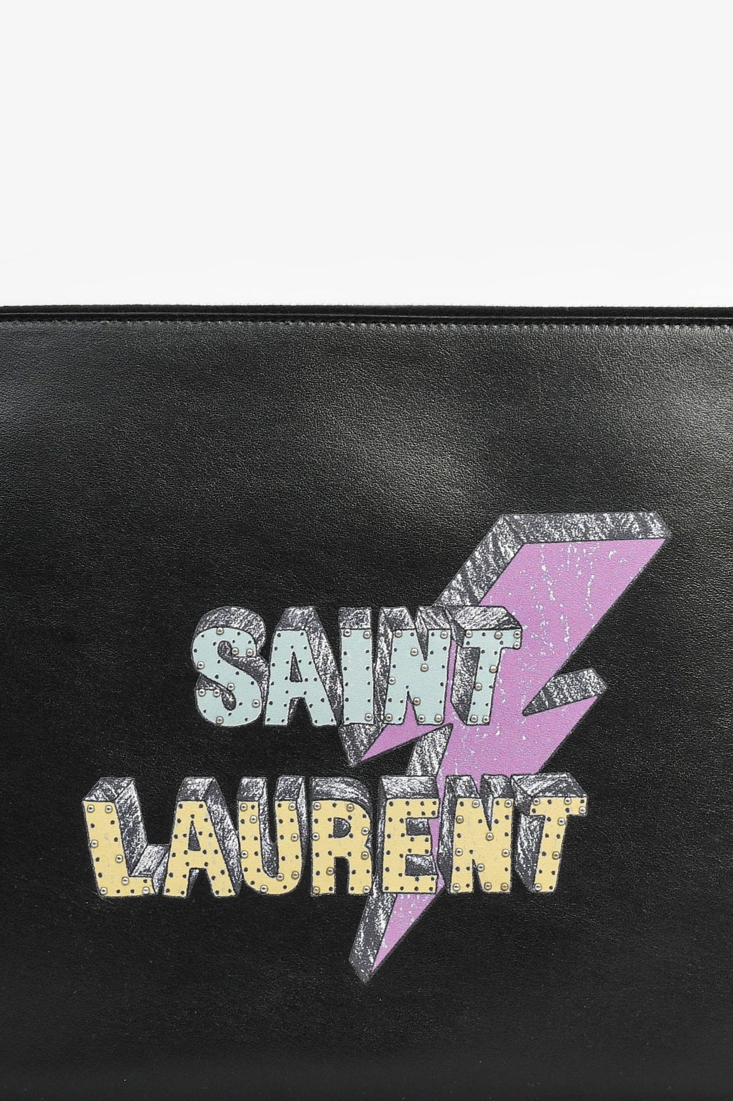 Saint Laurent 2018 Black Leather Lightning Logo 'Rider' Zip Pouch