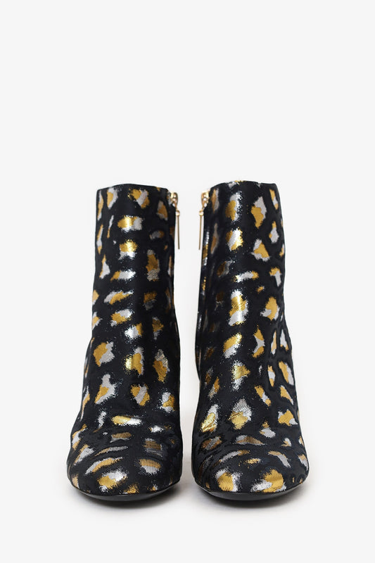 Saint Laurent Black/Gold Metallic Leopard Print Ankle Boots Size 36.5