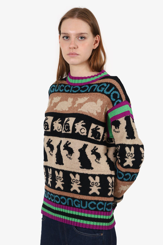 Gucci Multicolour Wool Rabbit Logo Jacquard Sweater Size XS