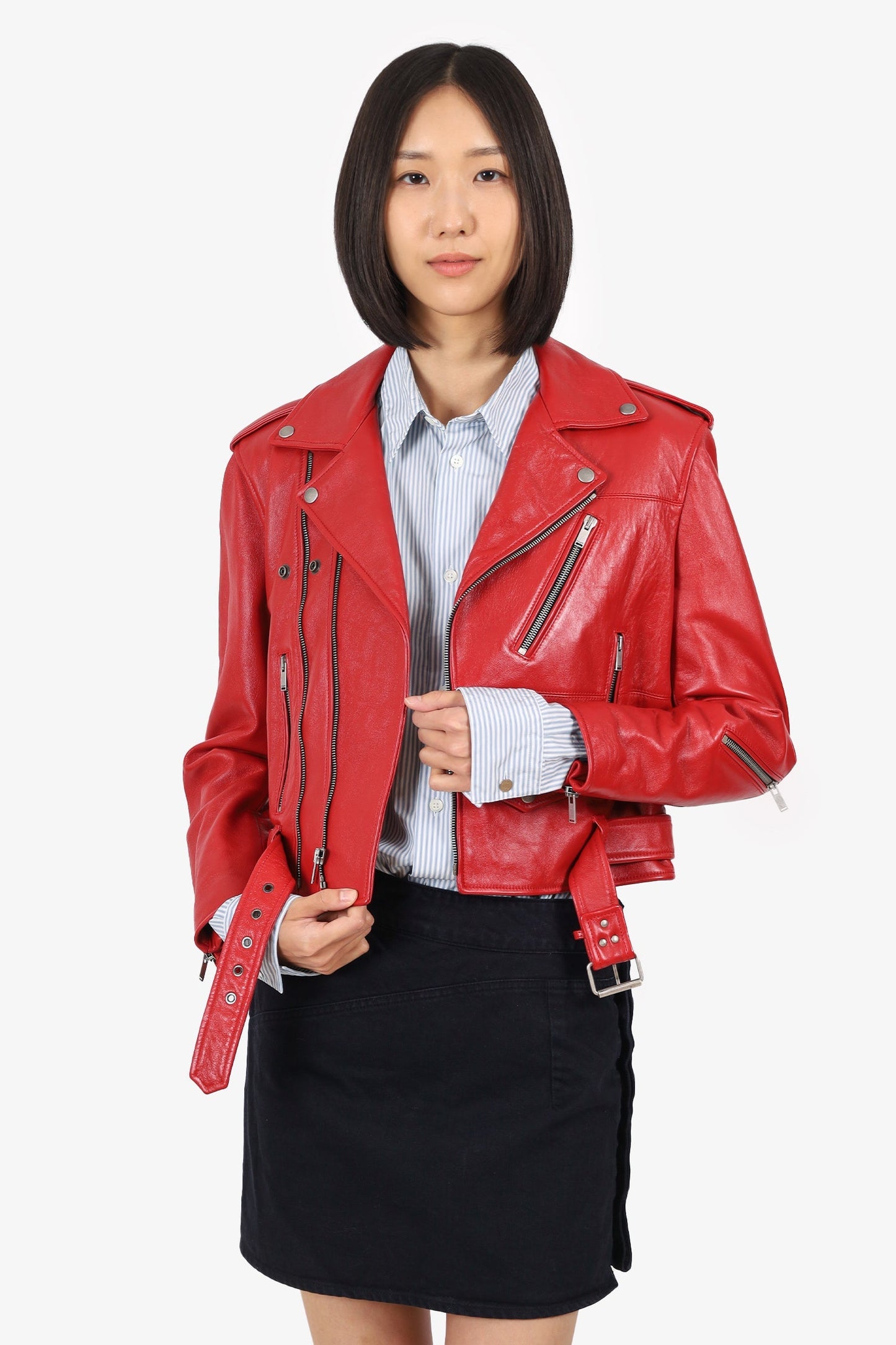 Saint Laurent Red Leather Biker Jacket Size 40