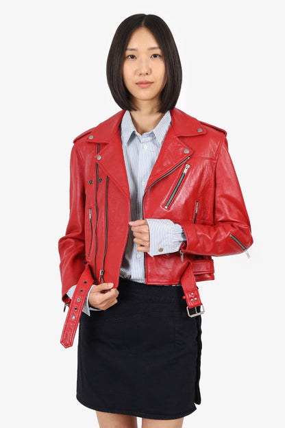 Saint Laurent Red Leather Biker Jacket Size 40