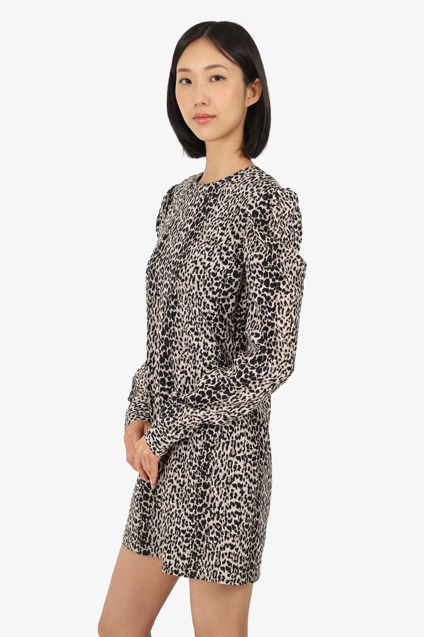 Saint Laurent Black/White Silk Leopard Print Puff Sleeve Mini Dress Size 40