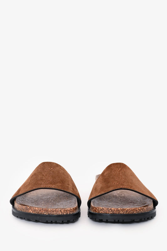 Saint Laurent Brown Suede Logo Embroidered Sandals Size 39