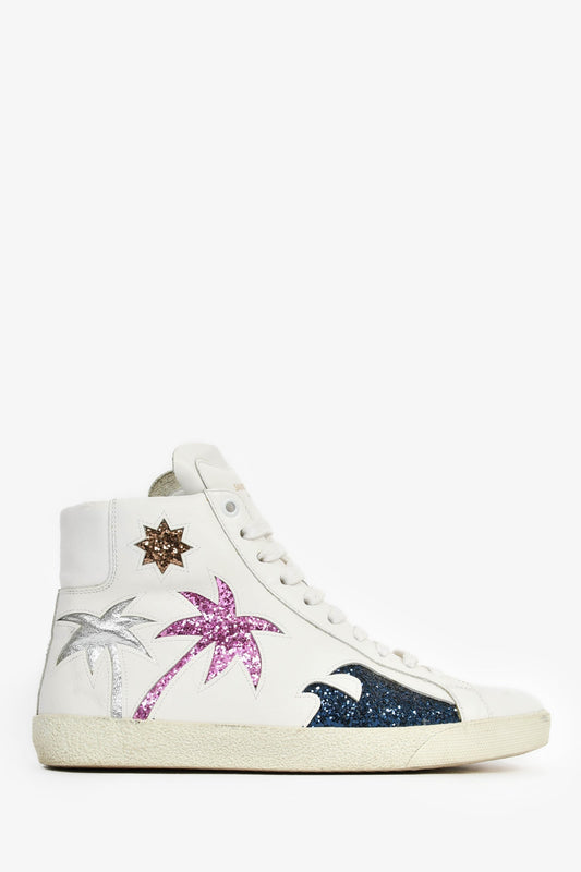Saint Laurent White Leather 'Signature Palm Glitter' Sneakers Size 38.5