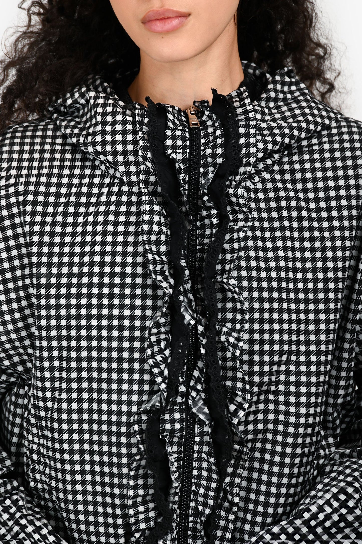 Prada 2018 Black/White Gingham Check Ruffle Detailed Wind Breaker Size 46