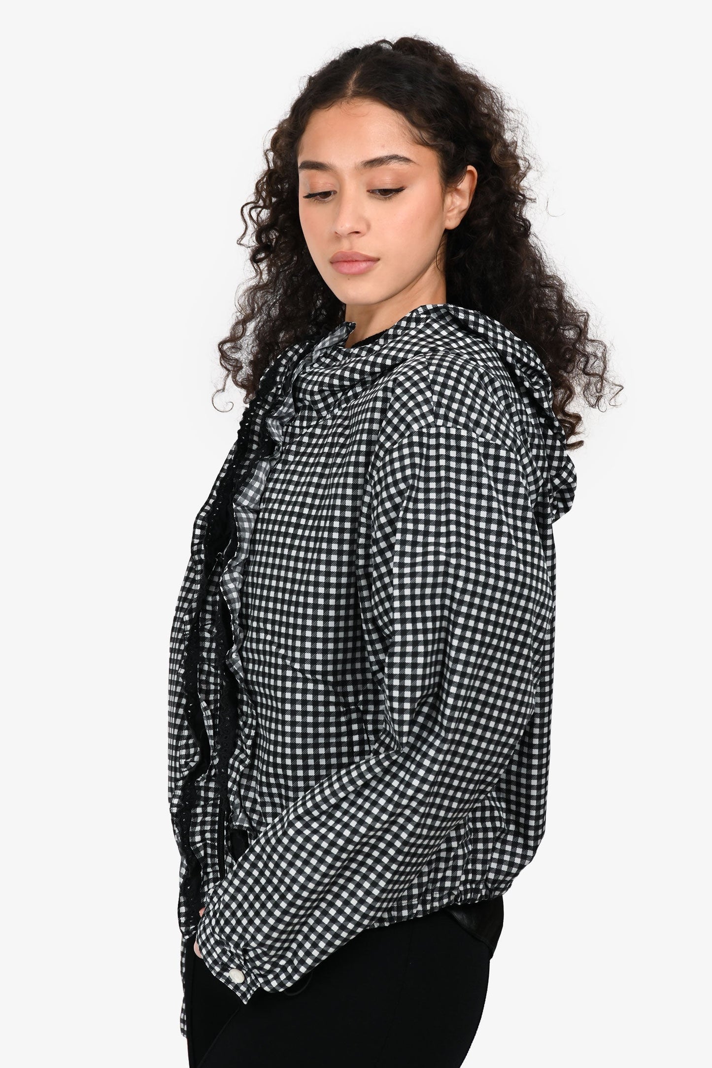 Prada 2018 Black/White Gingham Check Ruffle Detailed Wind Breaker Size 46
