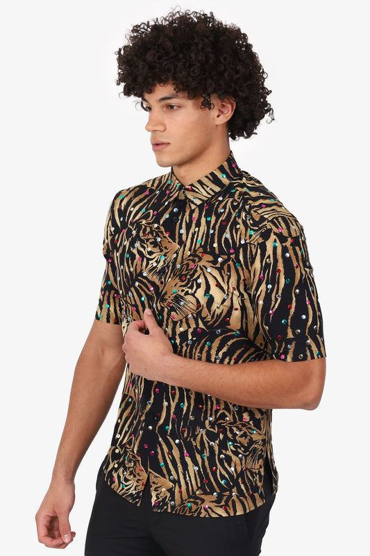 Saint Laurent Brown/Black Tiger Print Stud Detail Short Sleeve Button Up Shirt Size 37 Mens