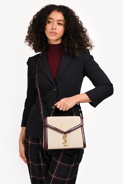 Saint Laurent 2020 Cream/Burgundy Canvas Leather-Trimmed Medium Cassandra Top Handle
