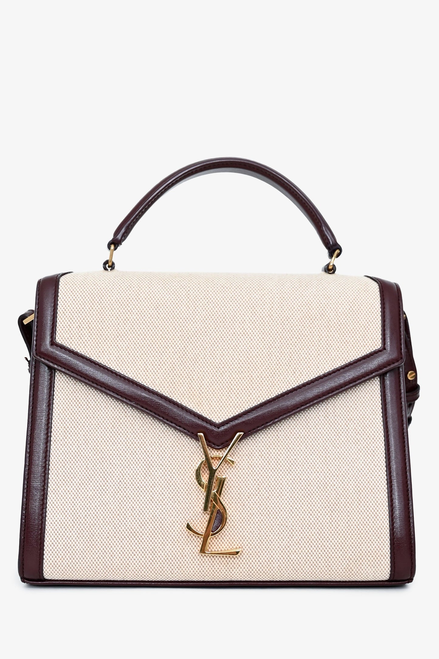 Saint Laurent 2020 Cream/Burgundy Canvas Leather-Trimmed Medium Cassandra Top Handle