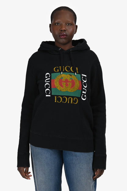 Gucci Black Logo Printed Hoodie Size M