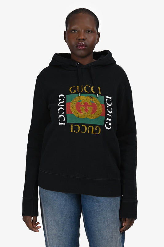 Gucci Black Logo Printed Hoodie Size M