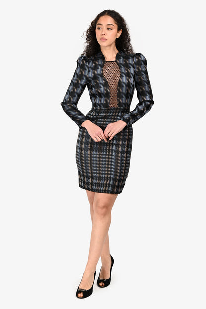 Gucci Blue/Black Silk Mesh Cutout Long Sleeve Midi Dress Size 38