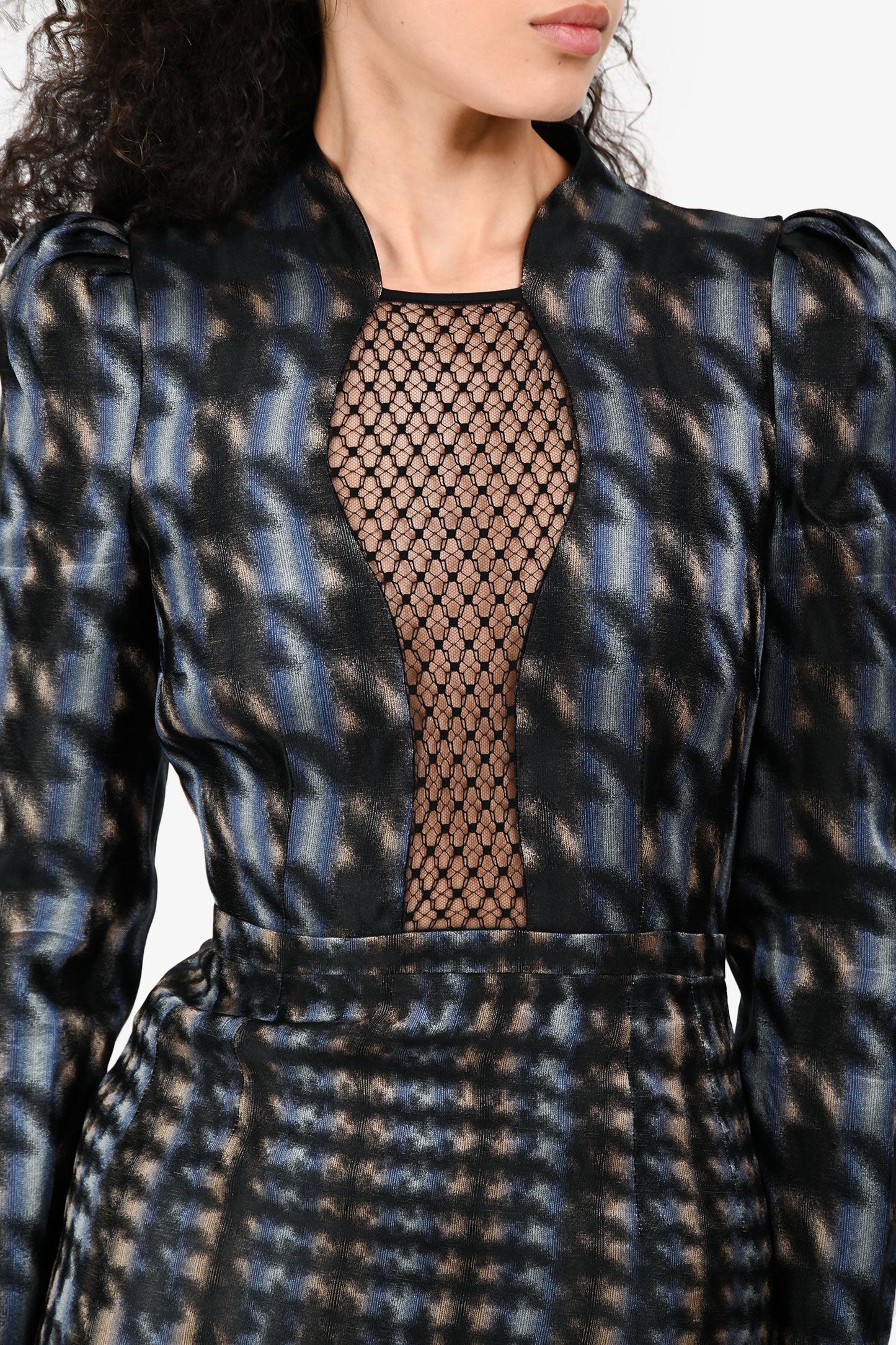 Gucci Blue/Black Silk Mesh Cutout Long Sleeve Midi Dress Size 38