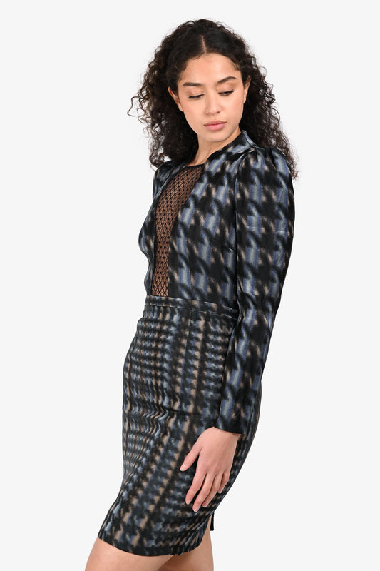 Gucci Blue/Black Silk Mesh Cutout Long Sleeve Midi Dress Size 38