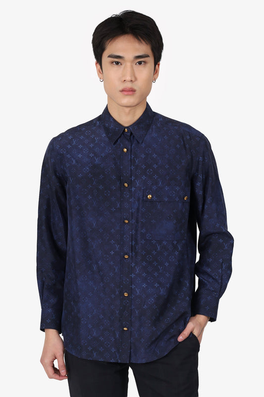 Louis Vuitton Navy/Blue Silk Monogram Shirt Size 38 Mens