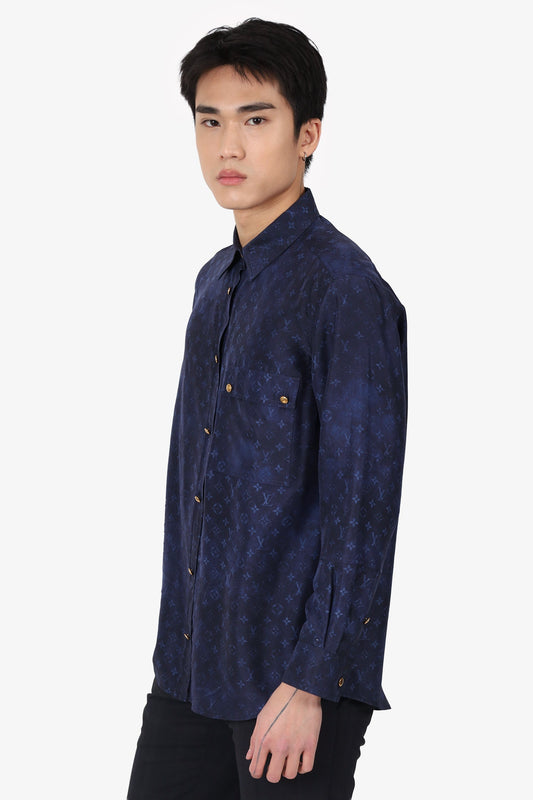 Louis Vuitton Navy/Blue Silk Monogram Shirt Size 38 Mens