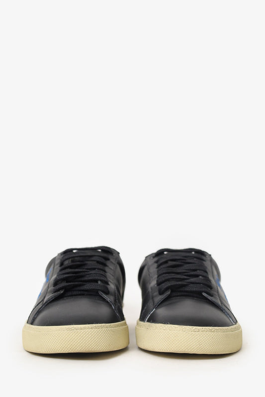 Saint Laurent Black Leather Blue Embroidered Sneakers Size 39