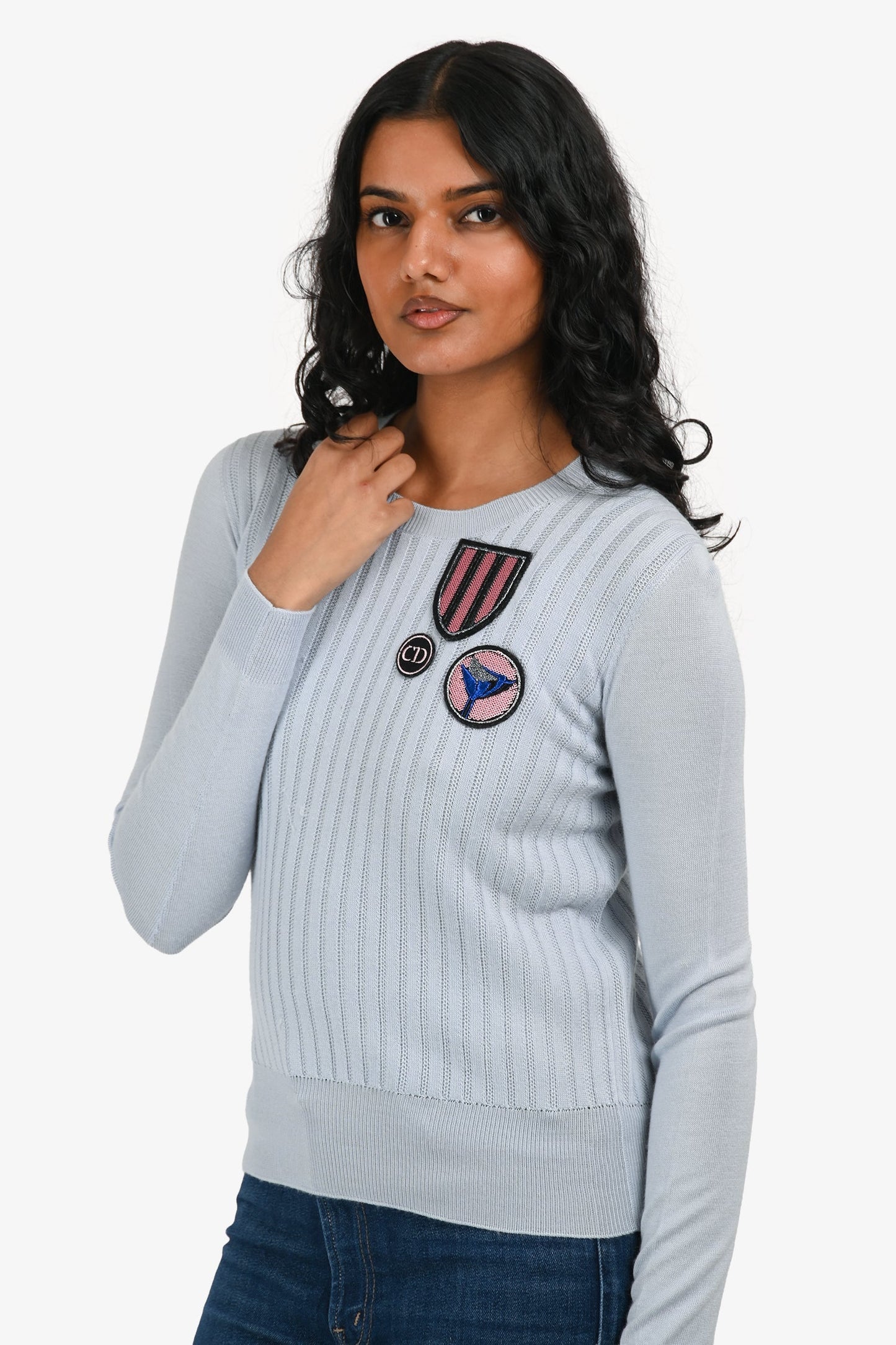 Christian Dior Blue Cashmere/Wool Patch Detail Sweater Size 4 US