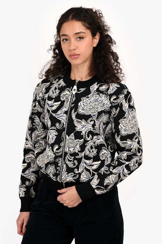 Louis Vuitton 2017 Black/White Knit Zip-Up Floral Bomber Jacket Size S