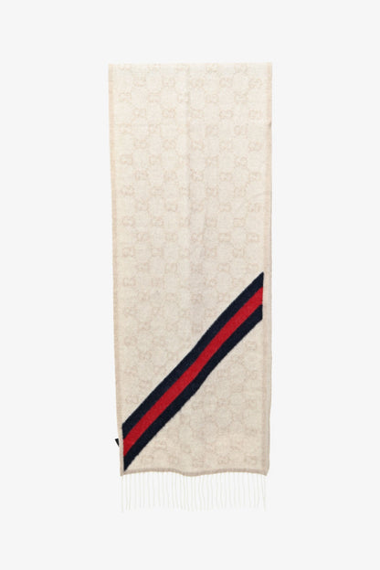 Gucci Beige Wool/Angora Monogram Web Fringe Scarf