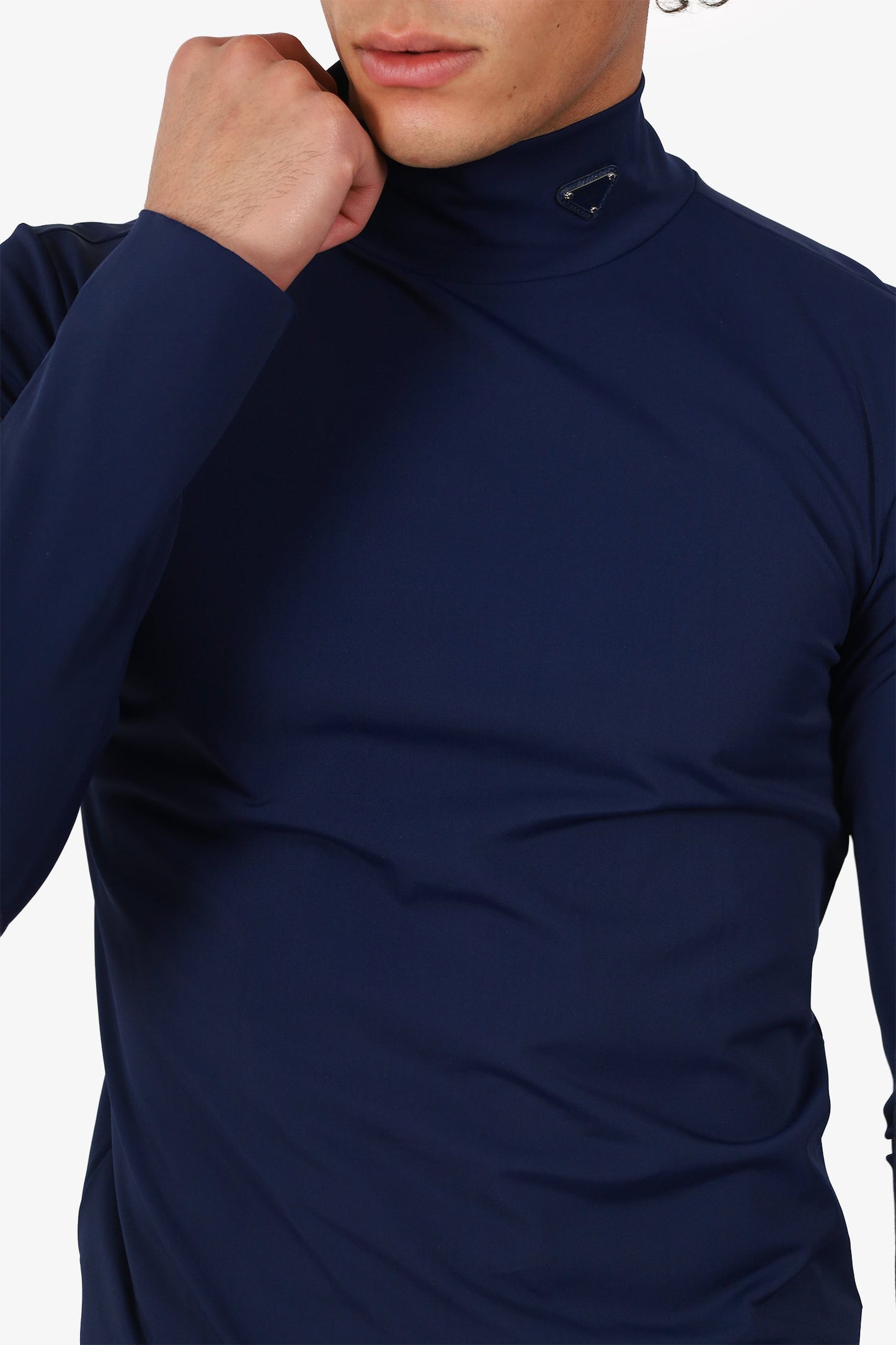 Prada NavyTechnical Jersey Triangle Logo Turtleneck Sweater Size L