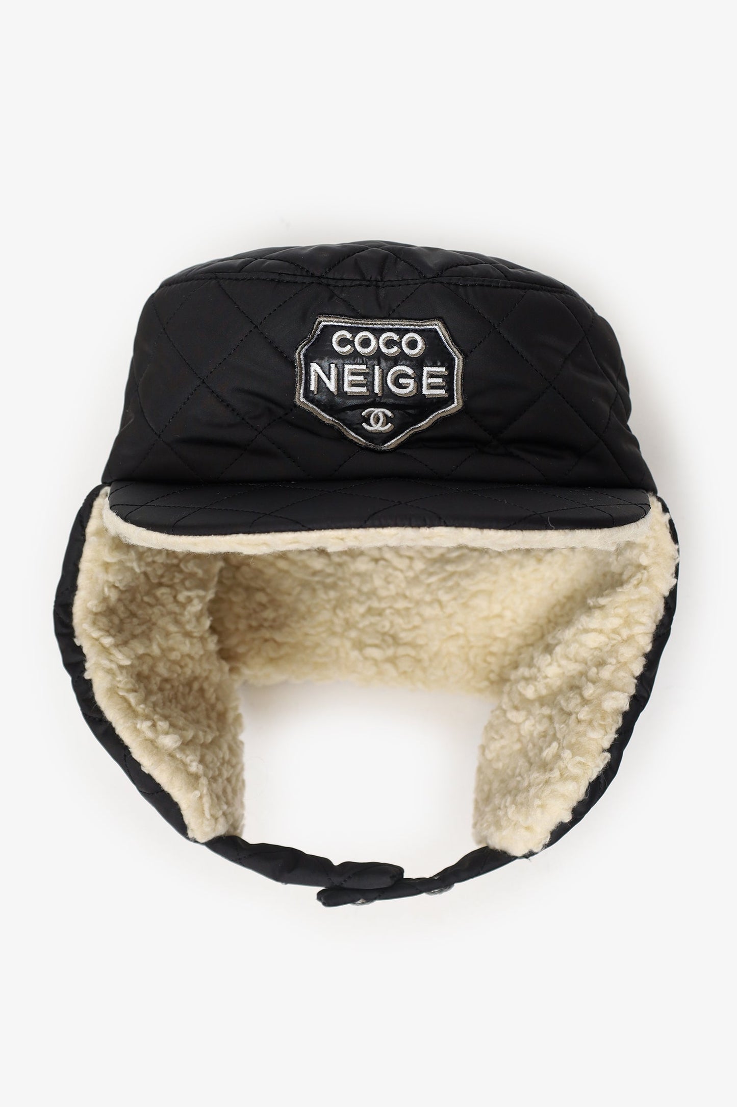 Chanel™ Black Quilted Trapper 'Coco Neige' Hat With Cream Shearling Size M