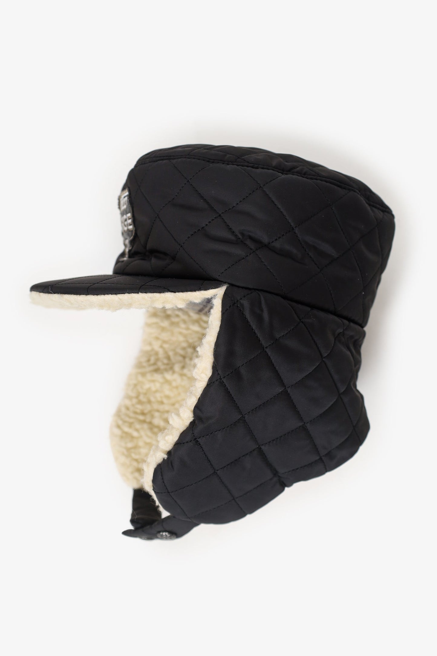 Chanel™ Black Quilted Trapper 'Coco Neige' Hat With Cream Shearling Size M