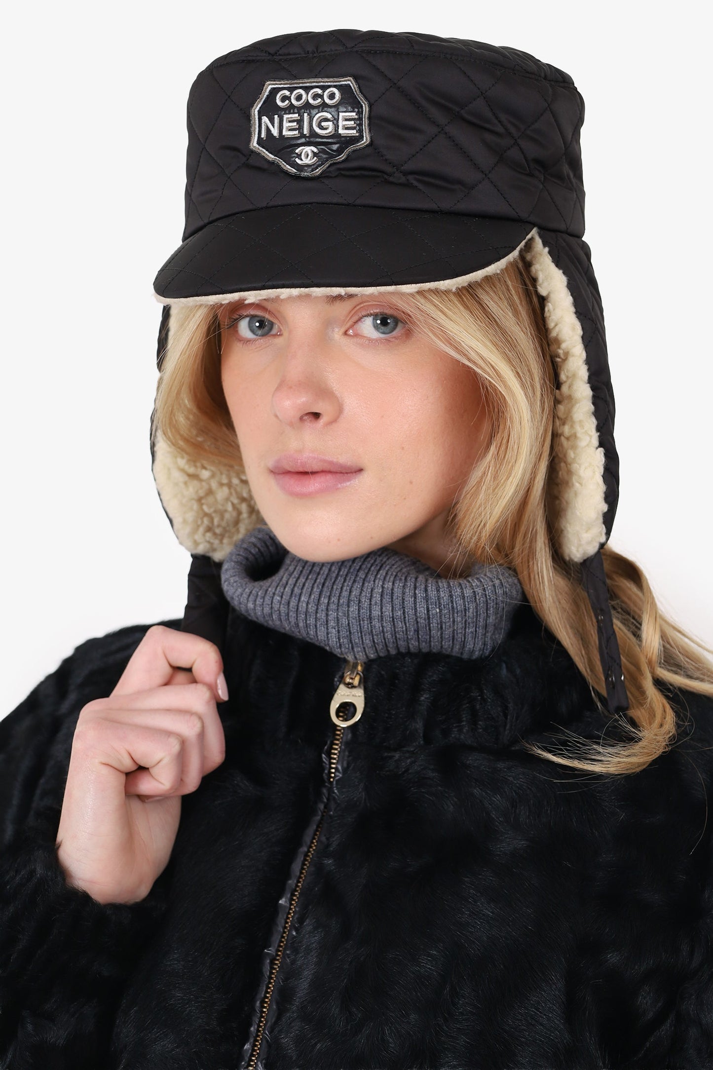 Chanel™ Black Quilted Trapper 'Coco Neige' Hat With Cream Shearling Size M