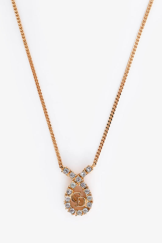 Christian Dior   Gold Tone Metal Crystal Embellished CD Necklace