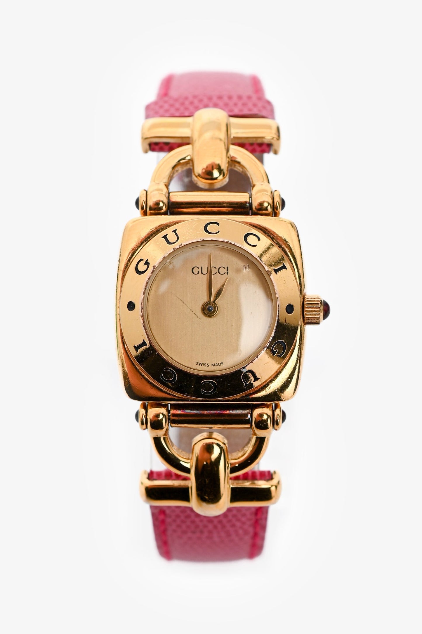 Gucci   Gold Tone Metal/Pink Lizard Embossed Strap Watch