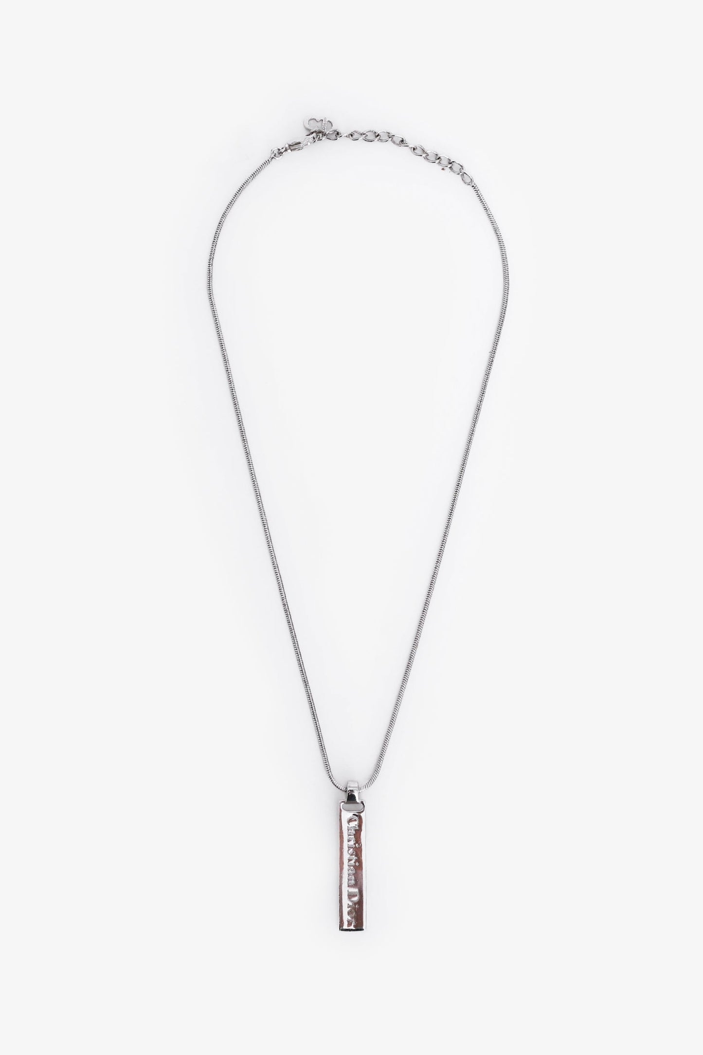 Christian Dior Silver Tone Metal Logo Plaque Pendant Necklace