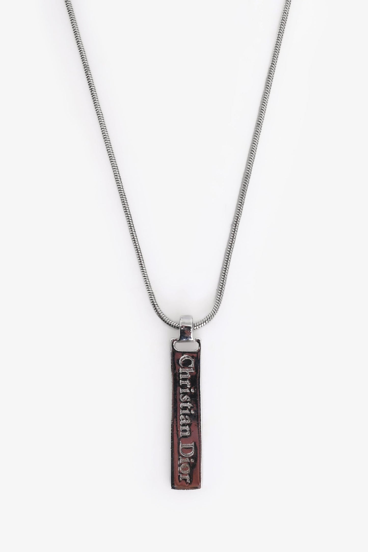 Christian Dior Silver Tone Metal Logo Plaque Pendant Necklace