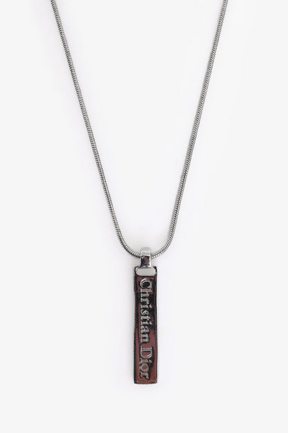 Christian Dior Silver Tone Metal Logo Plaque Pendant Necklace