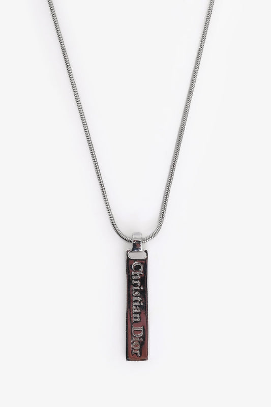 Christian Dior Silver Tone Metal Logo Plaque Pendant Necklace