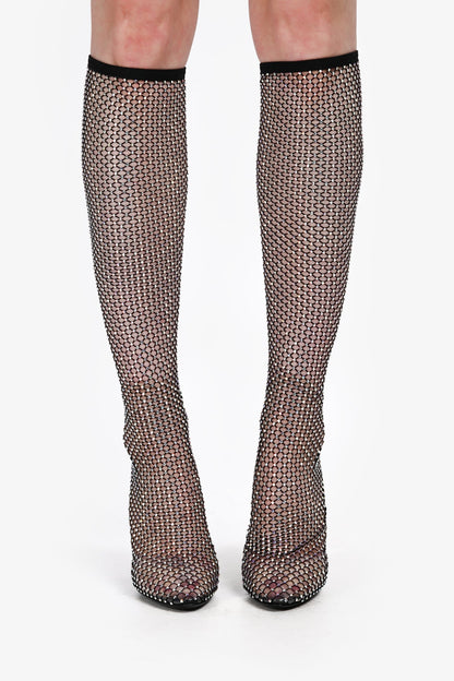 Saint Laurent Black Sheer Crystal Embellished Knee High Boots Size 37.5