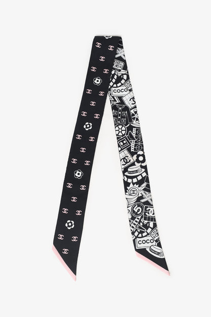 Chanel™ 24C Black/Pink Silk CC Double Sided Twilly