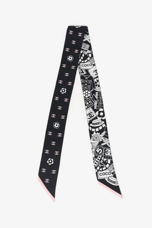 Chanel™ 24C Black/Pink Silk CC Double Sided Twilly