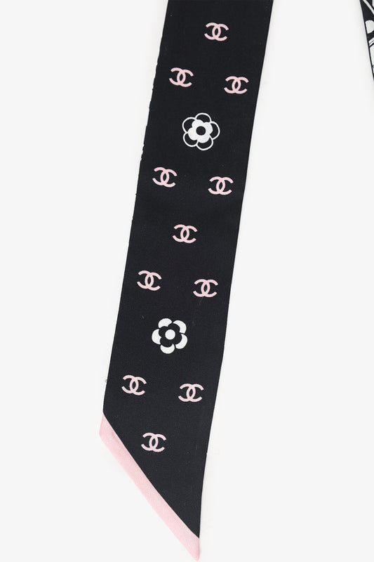 Chanel™ 24C Black/Pink Silk CC Double Sided Twilly