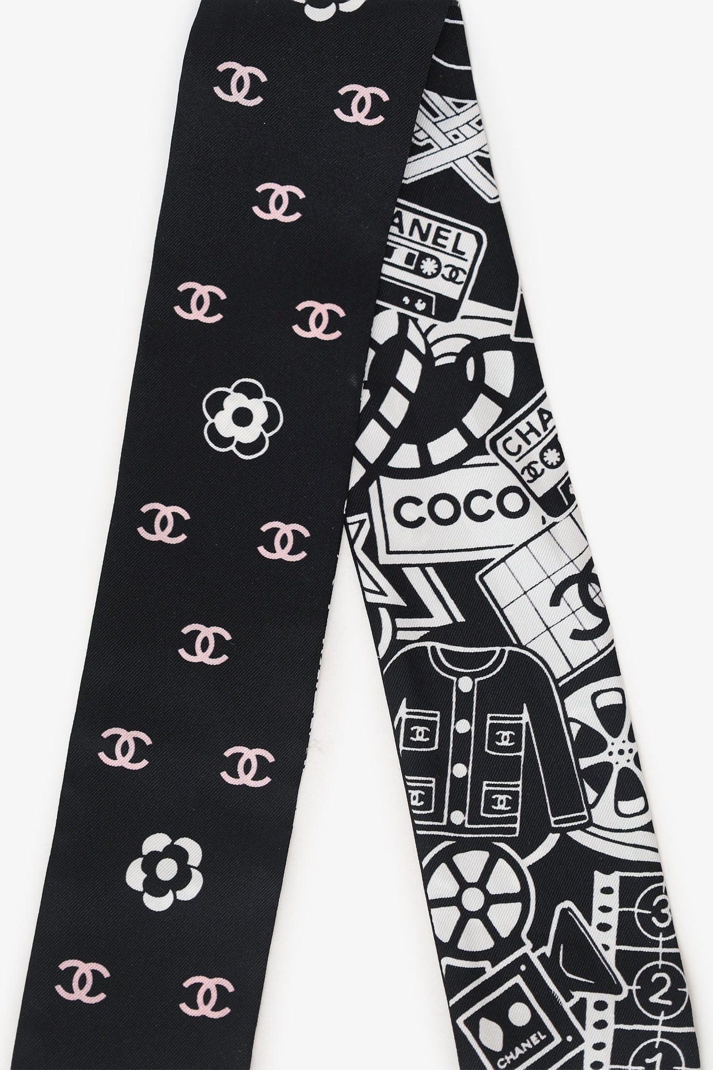 Chanel™ 24C Black/Pink Silk CC Double Sided Twilly