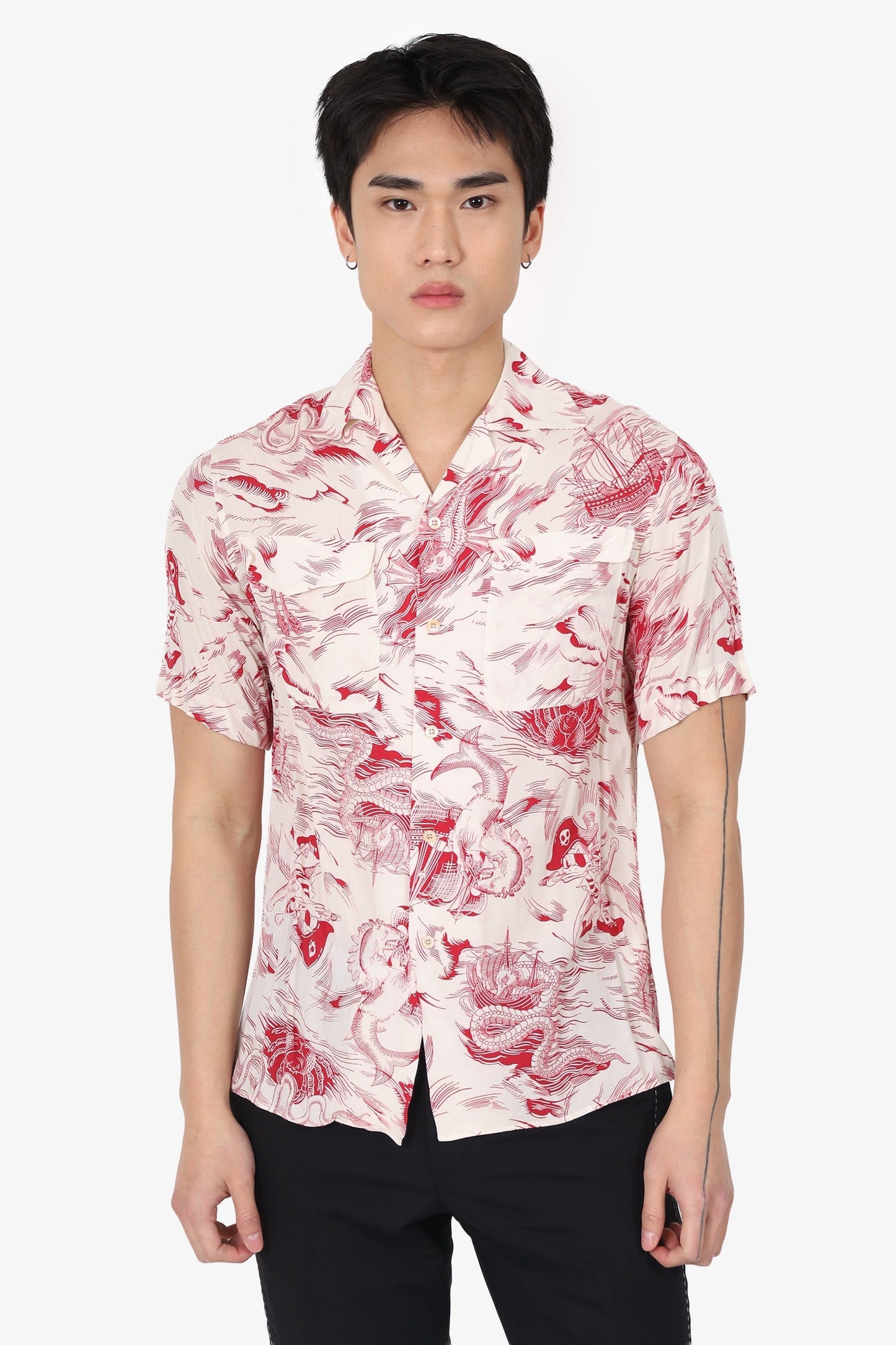Gucci X Disney Cream/Red Dragon Printed Shirt Sleeve Shirt Size 44 Mens