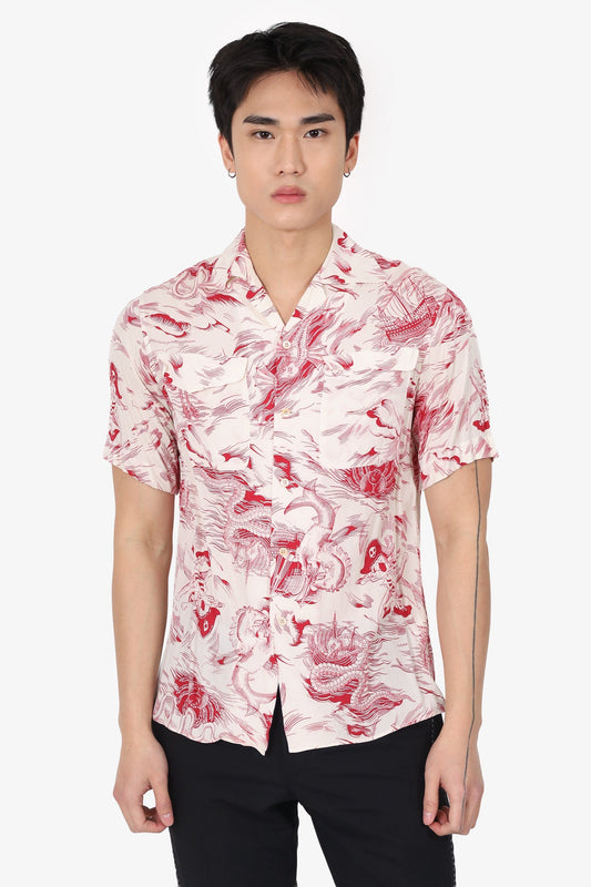 Gucci X Disney Cream/Red Dragon Printed Shirt Sleeve Shirt Size 44 Mens